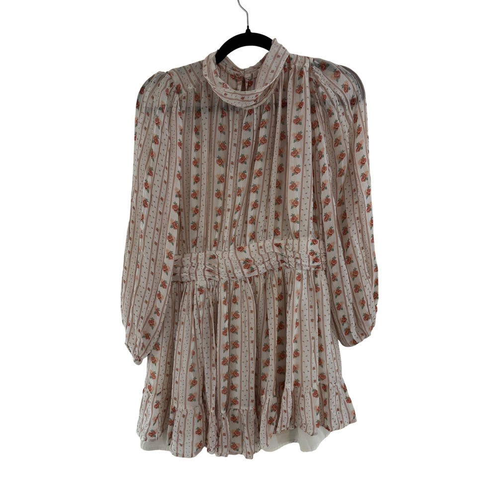 Let Me Be Anthropologie Floral Stripe Mini Dress Pink Rose High Neck Smocked S